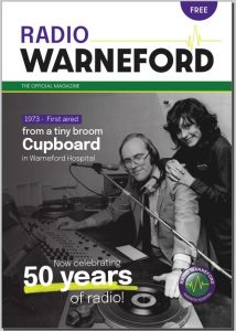 Cover of Radio Warneford magazine 2024 showing black and white photo of two volunteers in the studio