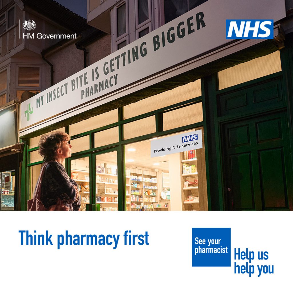 A person is standing outside a pharmacy looking uncomfortable. The sign above the pharmacy reads 'My insect bite is getting worse pharmacy' A lower third box features in the bottom on the image. Text in the box reads: 'Think pharmacy first'