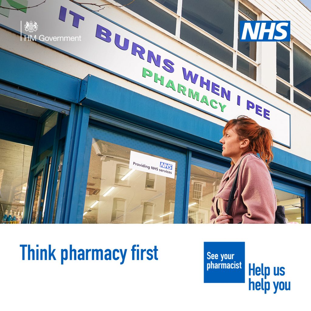 A person is standing outside a pharmacy looking uncomfortable. The sign above the pharmacy reads 'It burns when I pee pharmacy' A lower third box features in the bottom on the image. Text in the box reads: 'Think pharmacy first'