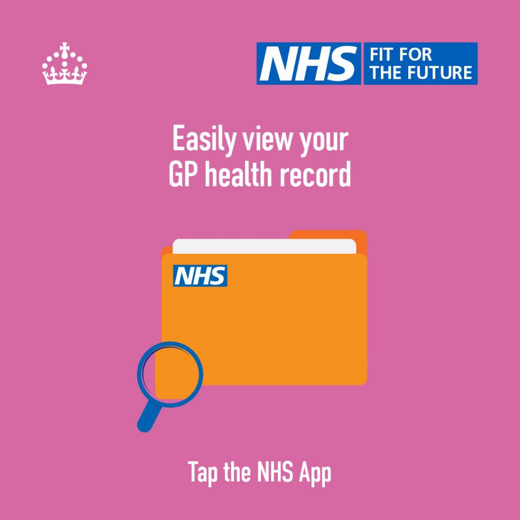 Image of a file with a magnifying glass. Text reads 'Easily view your GP health record. Tap the NHS App'
