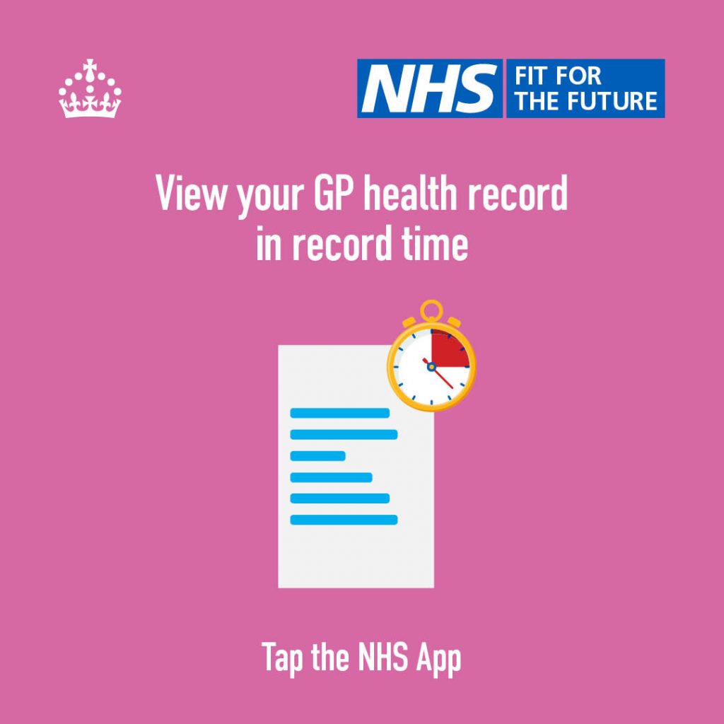 Image of a stopwatch on a written record. Text reads 'View your GP health record in record time. Tap the NHS App'