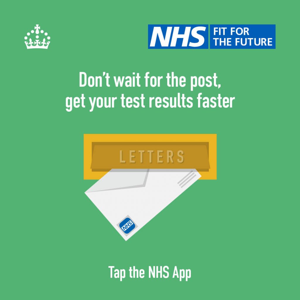 Image of a letter box with an envelope sticking out of it. Text reads: 'Don't wait for the post, get your test results faster. Tap the NHS App'